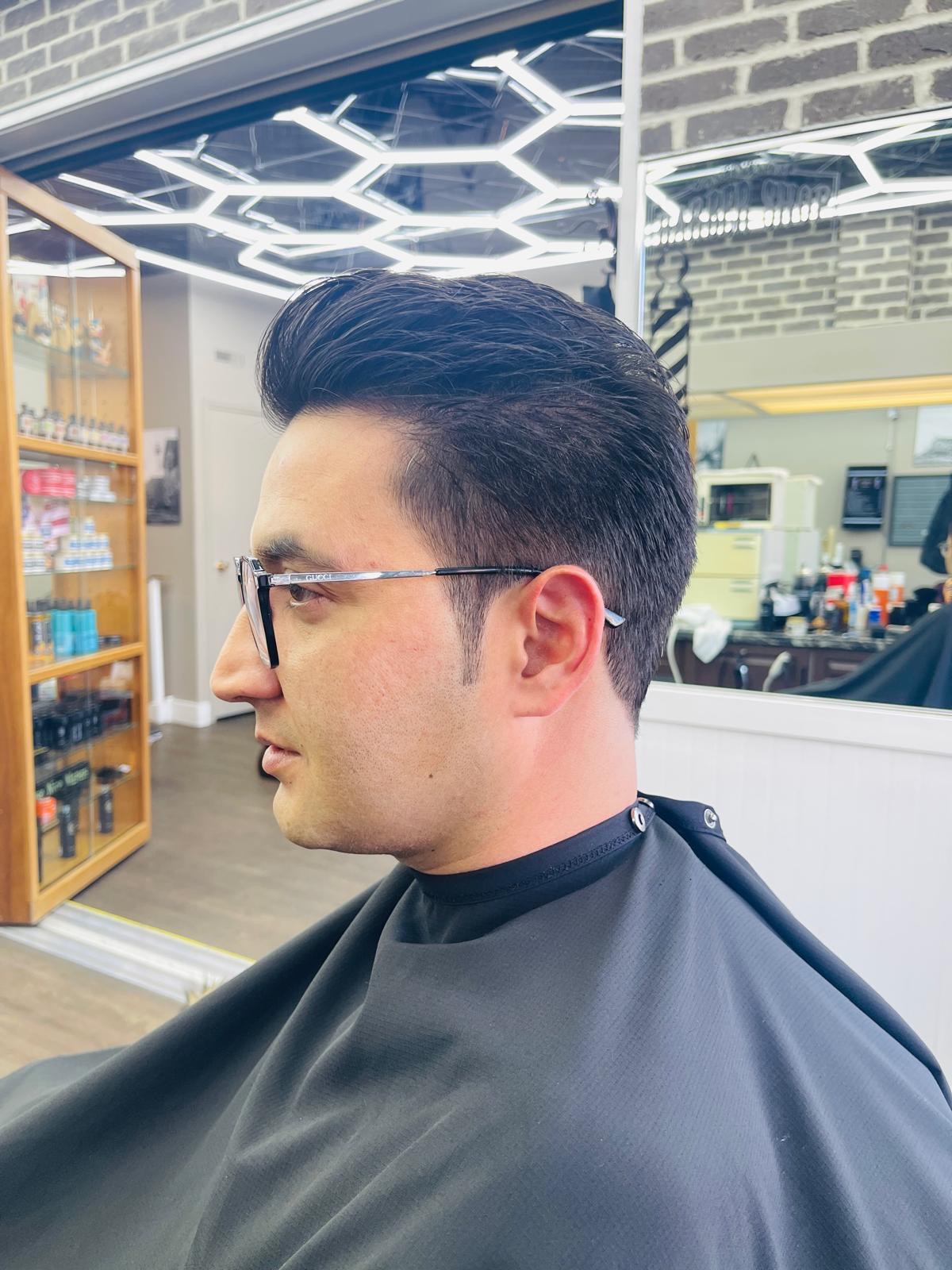 Pompadour with taper fade by Ariel at Continental Barbershop Kamloops